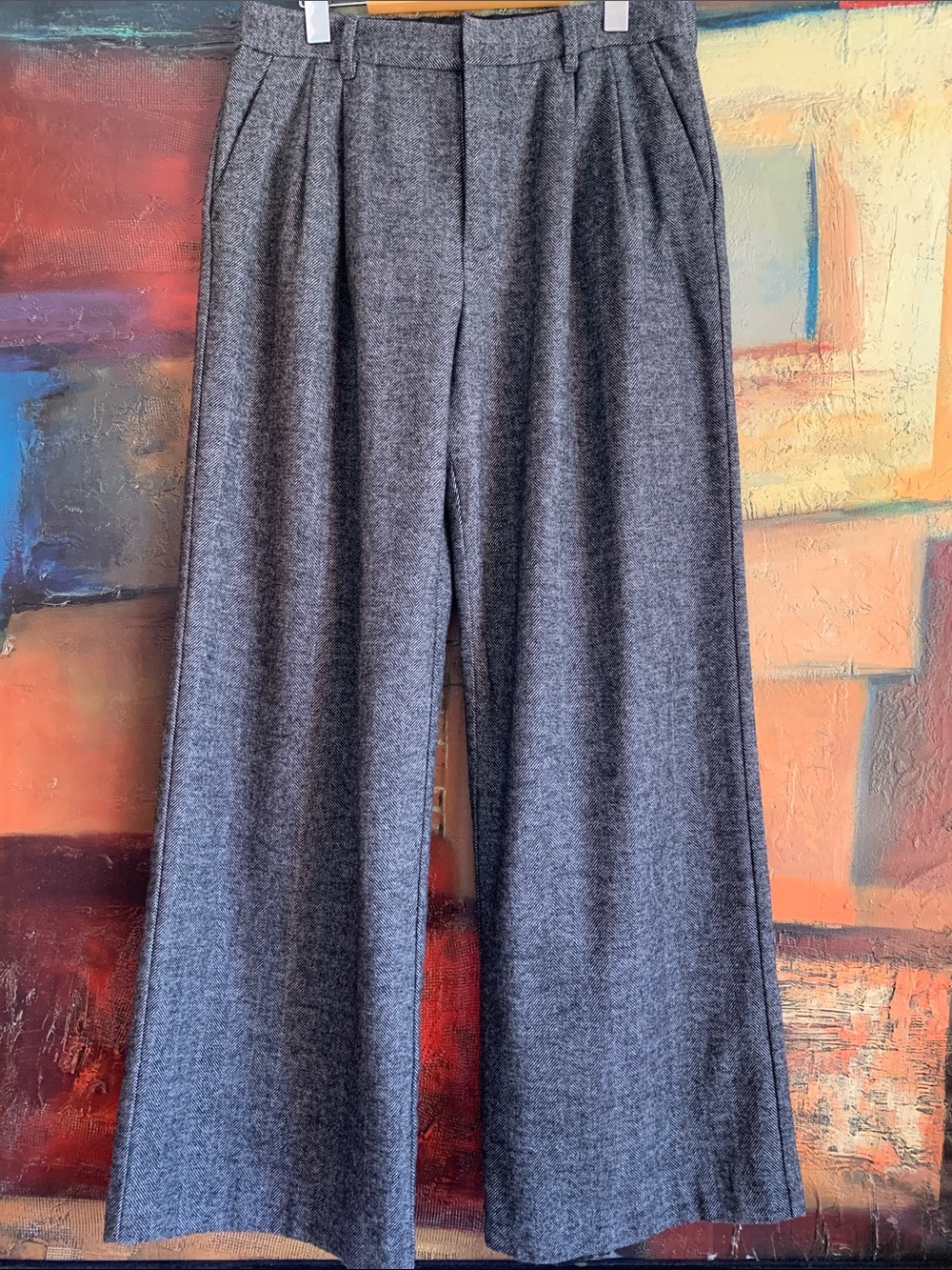 GAP 365 High Rise Wide Leg Herringbone Trousers in Grey Wool Blend, Sz 10